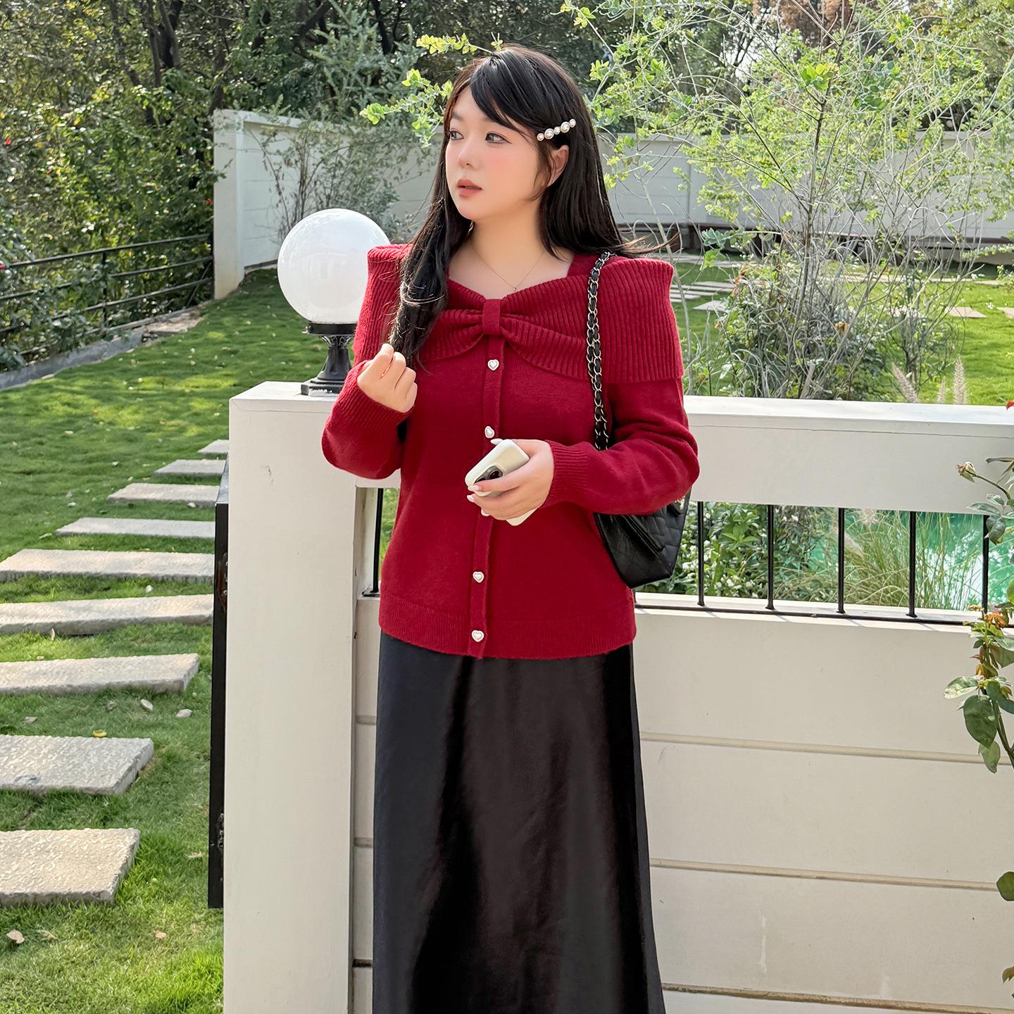 Women s Plus Size Red Bowknot Zodiac Sweater, 2026 Spring Collection 2XL (151-180 jin)