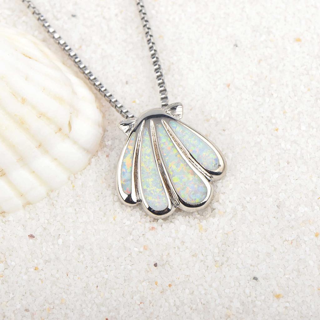 New Christian European American Fashion Accessories White Opal Copper Necklace Scallop Pendant Sweater Chain Silver Plated