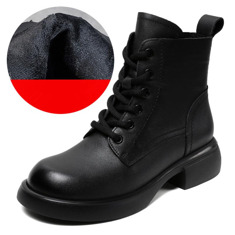 

Johnature Натуральная кожа Короткие сапоги Ботильоны на толстом каблуке Универсальная женская обувь 40-Plush