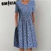 GMXIA 30 Color Pleated Midi Dress Short Sleeve Round Neck Loose Hem Mid-Calf Length Women Floral A-Line Party Dress Casual Wear