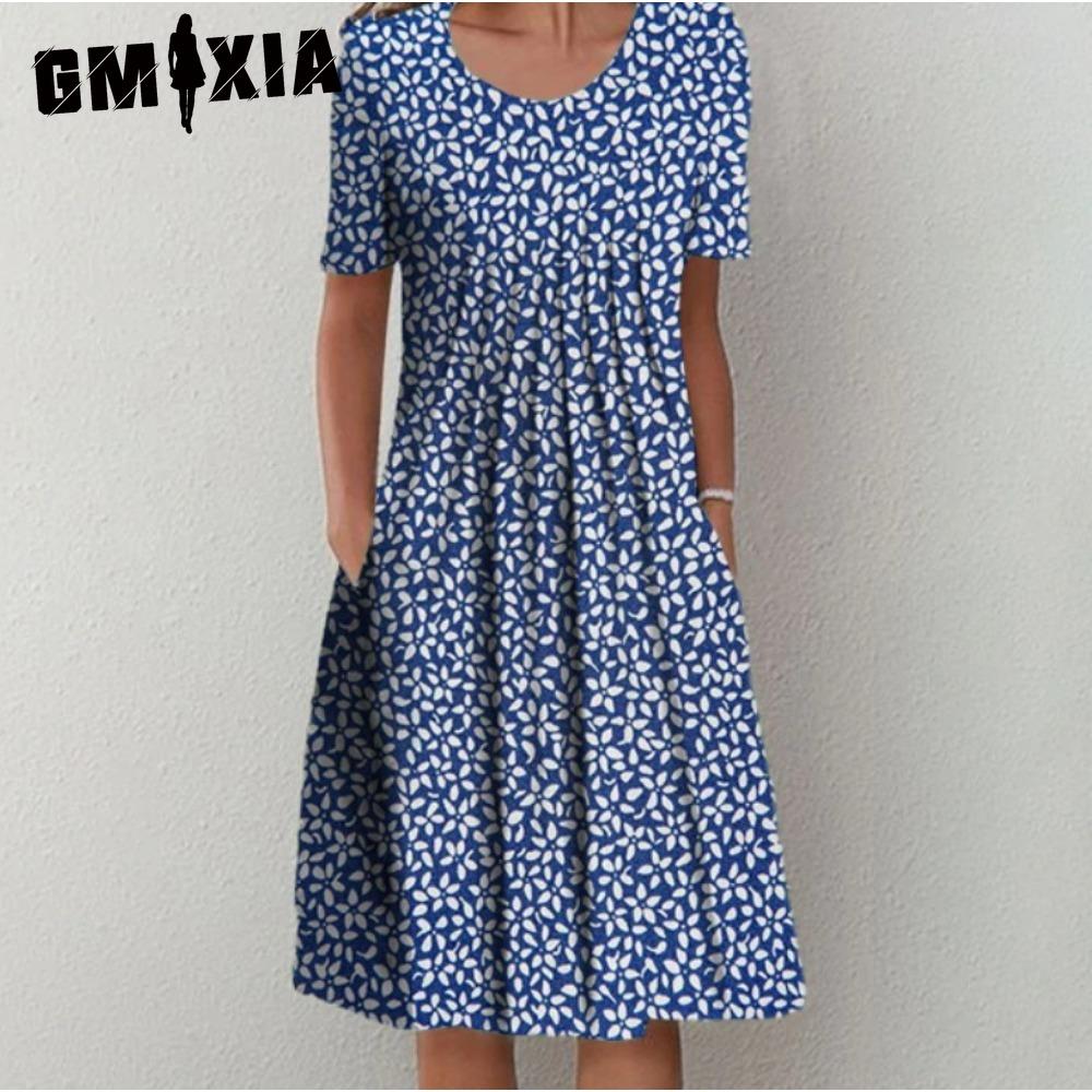 GMXIA 30 Color Pleated Midi Dress Short Sleeve Round Neck Loose Hem Mid-Calf Length Women Floral A-Line Party Dress Casual Wear