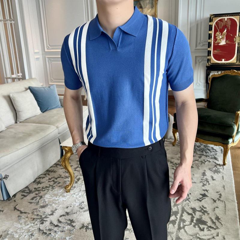 Men's Trendy Striped Short Sleeve Polo Shirt - Cool & Handsome Turn-Down Collar Casual Tee