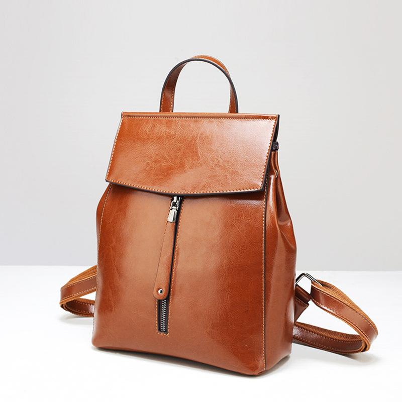 Women's Bags, European and American Fashionable Leather Retro Backpacks, Oil-wax Leather Backpacks, Trendy Schoolbags