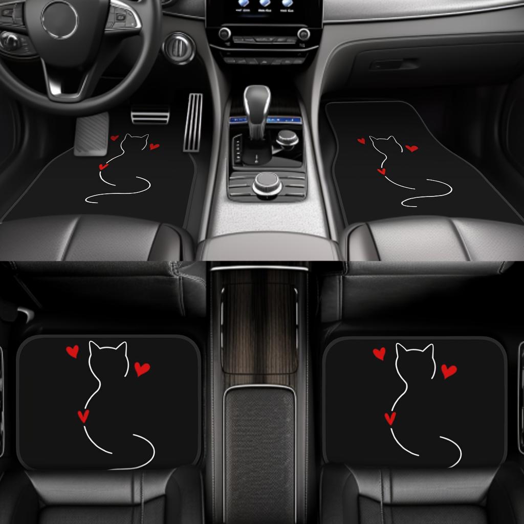 4pcs Cute Cat Pattern Car Floor Mats-Durable Polyester All-Season Protective Mats for Front & Rear Seats,Stylish Vehicle Accessories to Interior Decor