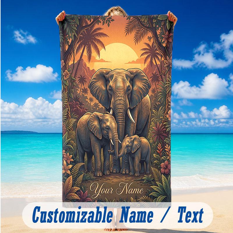 Elephant Theme Beach Towel Personalized Custom Name & Text Soft Quick Dry Beach Towel for Swimming Travel