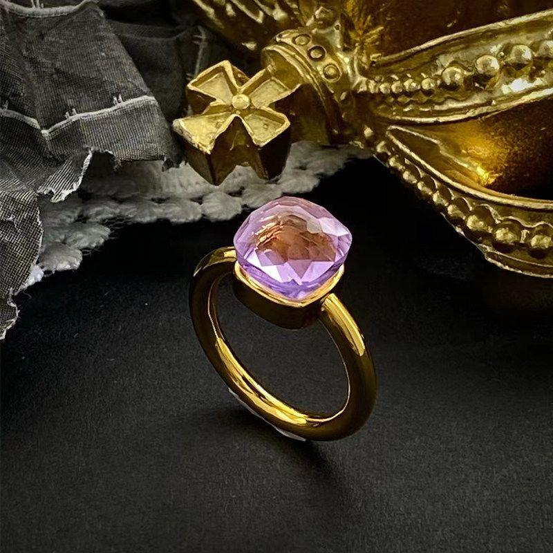 

European and American Entry Lux Small Many Cut Surface Color Gem Crystal Ring Female Stylish Small Sugar Cube Twin Index Finger Ring Transparent Purple Gold [Size 9]