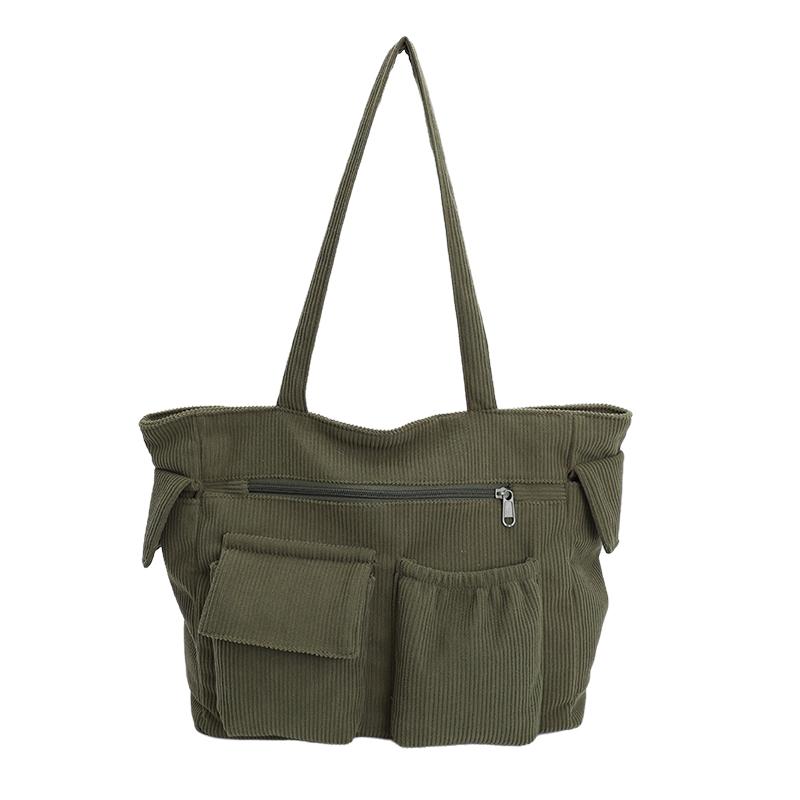 

Vintage Corduroy Tote Bag Women s Multi-Pocket Large Capacity Shoulder Bag зелений