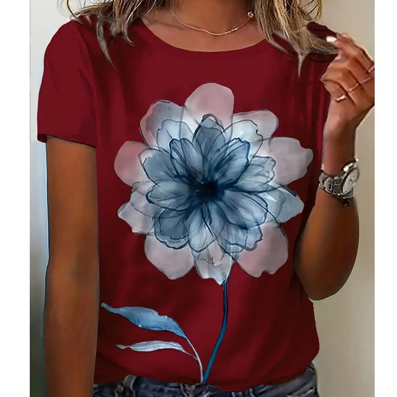 Women Summer T Shirt Retro Fashion Short Sleeve Tees Casual Flower Printed  Tops