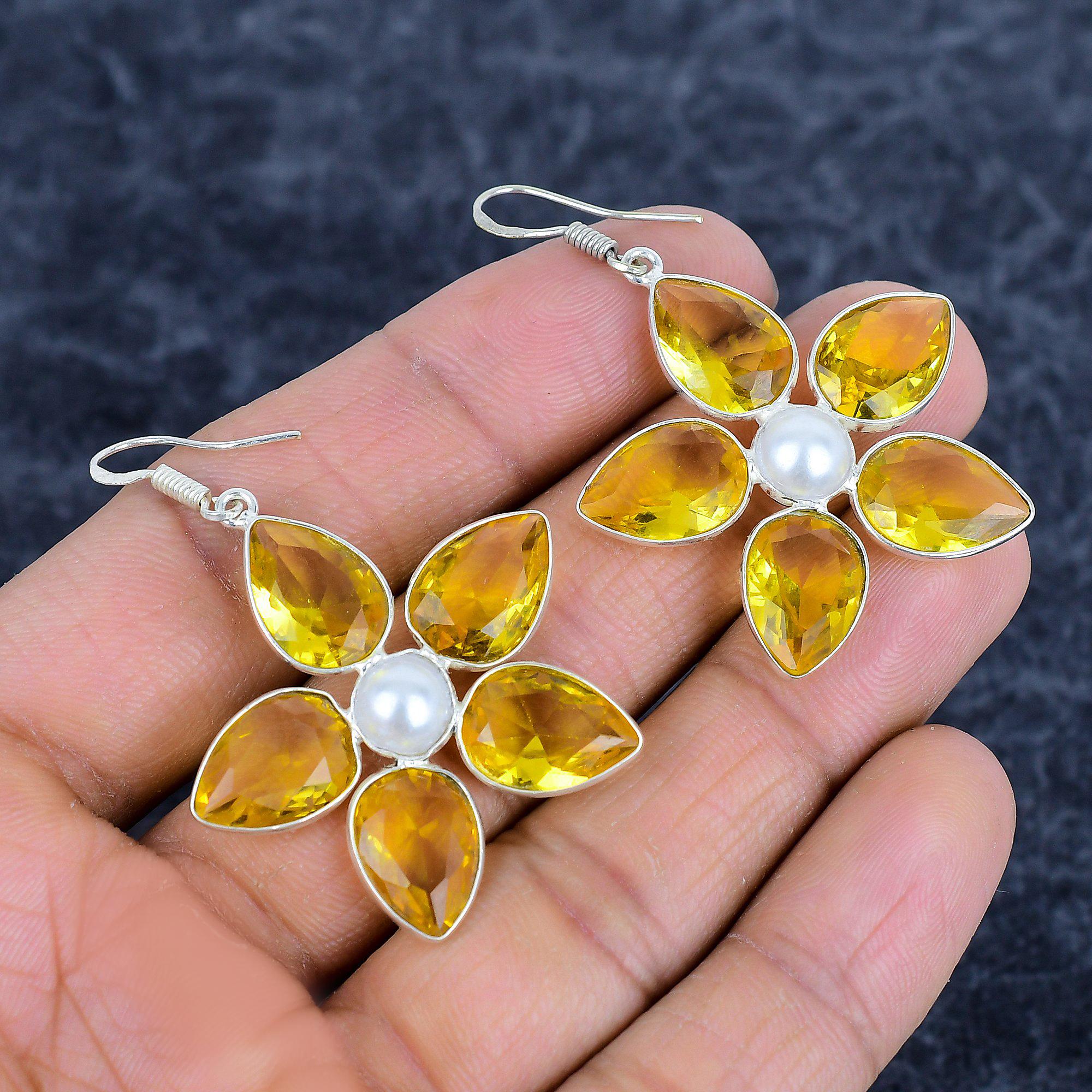 

Citrine, Pearl Gemstone Handmade 925Sterling Silver Jewelry Earring 2.17 M-3168