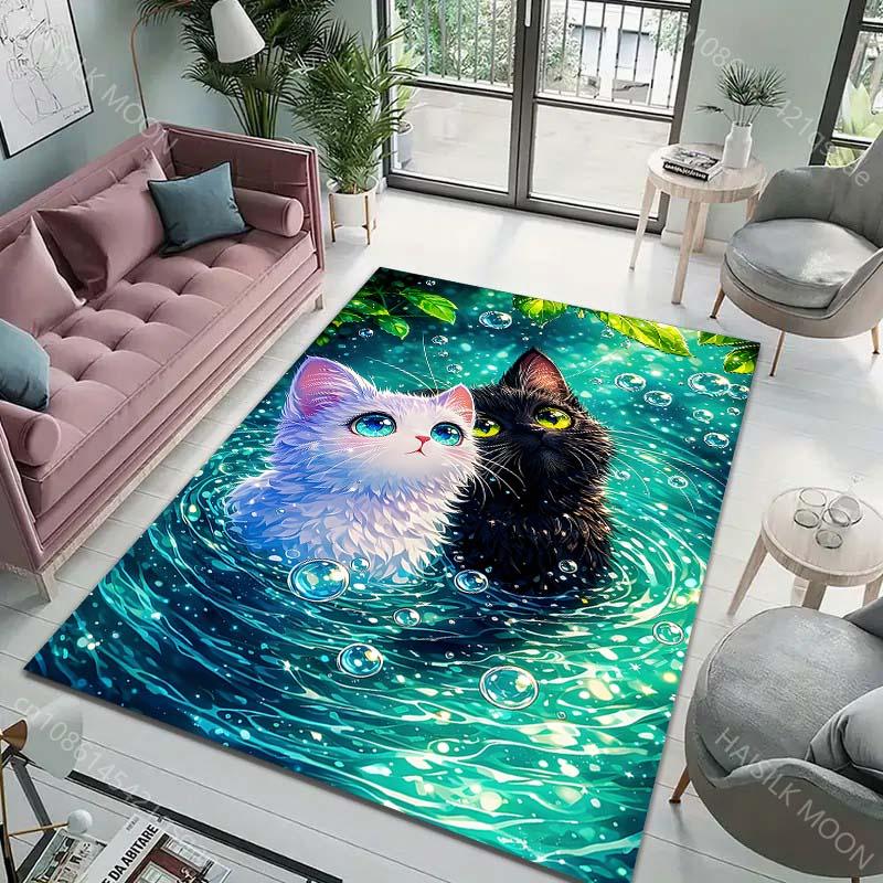 Multiple sizes Two cute cats in water Print Carpet Rug for Living Room Bedroom Sofa Doormat Home Decor Non-slip Floor Mat