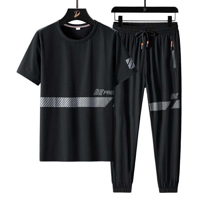 Summer Time Ice Silk Short Sleeve T-shirt Set Men's Casual Relaxed Breathable Sports Large Size