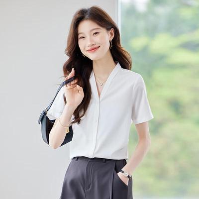 Damen Chiffon Bluse mit V-Ausschnitt und kurzen Ärmeln