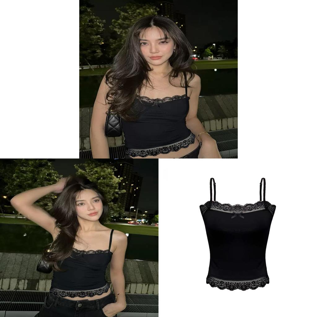 Summer Lace Spliced Butterfly Bow Camisole With Stretch Fabric For Women