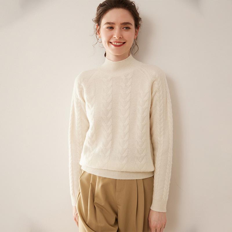 Women's Solid Color Twist Pattern Cashmere Sweater, Semi-high Neck, Loose Fit