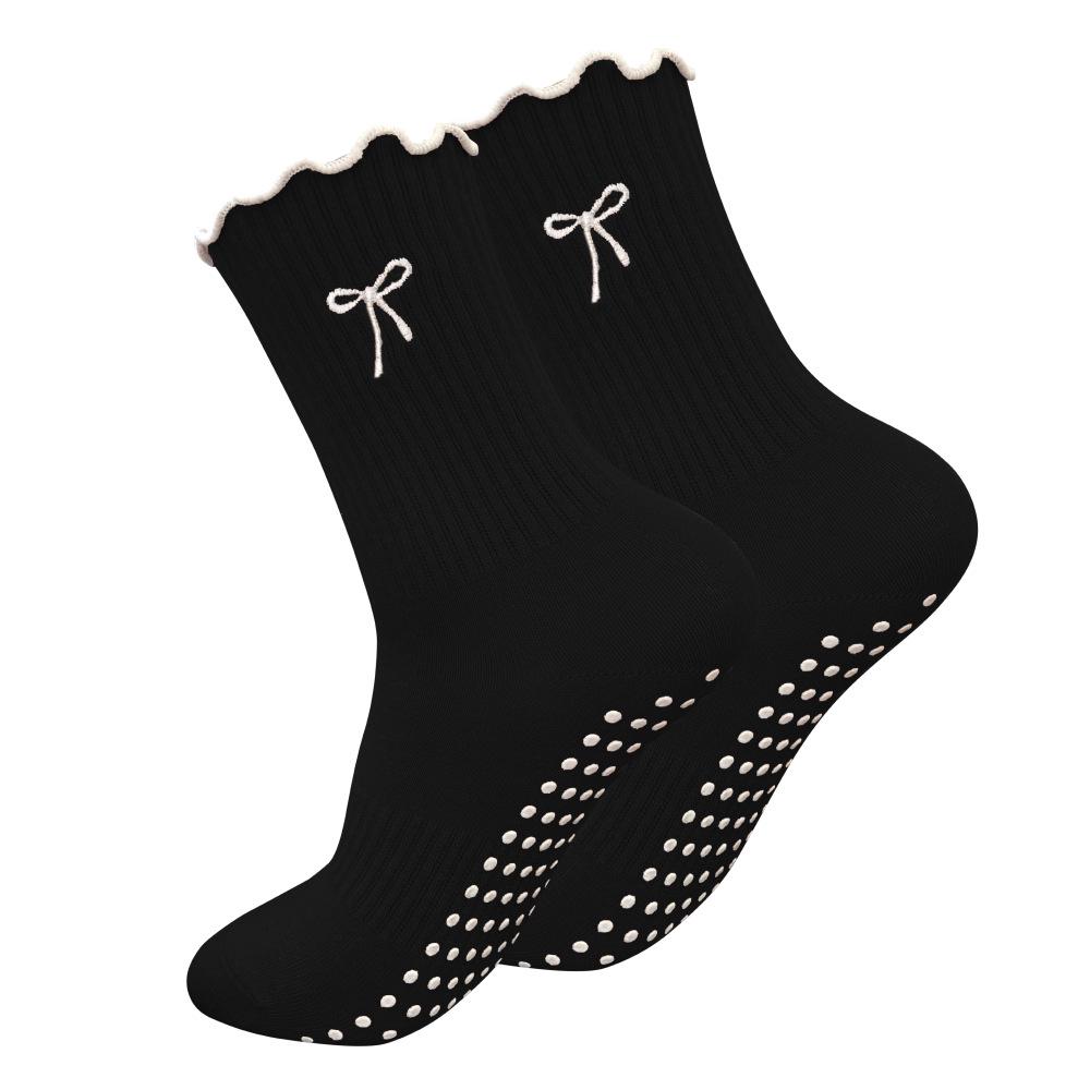 Women's Gel-Dotted Non-Slip Yoga Socks, Mid-Calf, Bow Embroidery, Fitness Socks, White