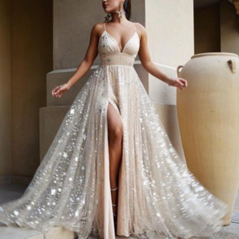 Suer new women s clothing suspender long dress with waist slits and sequins mopping floor pendulum dress S белый