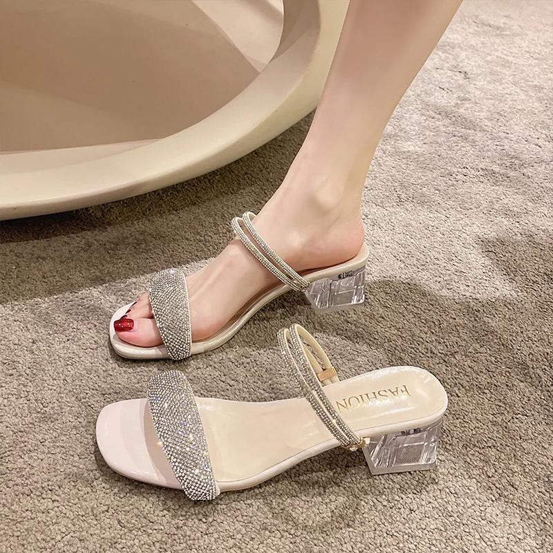 Korean Sle Women's Summer Faion Sandals Two-Way Wear Diamond Embellied Flat Heel Open-Toe Low Cut Rubber Outsole