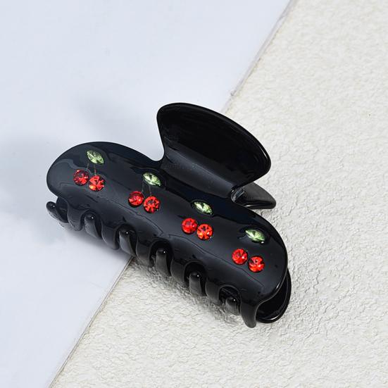 Hair Clip Sparkling Rhinestones Inlaid Cherry Decorative Pattern Back Head Hair Claw Large Wide Tooth Design Smooth Large Shark Clip