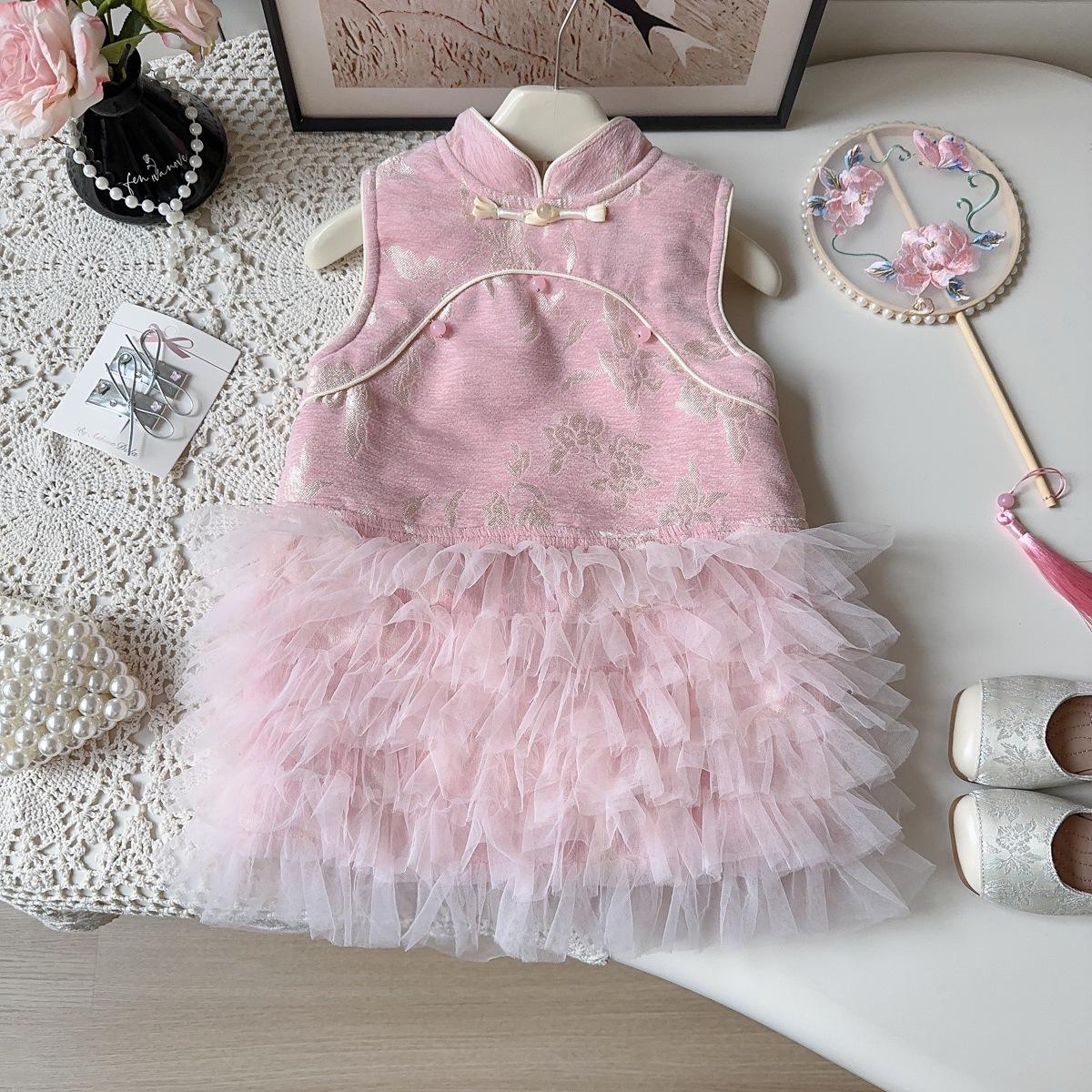 Girls  Winter Chinese Style Sleeveless Embroidered Mesh Dress AWB129 Size 100