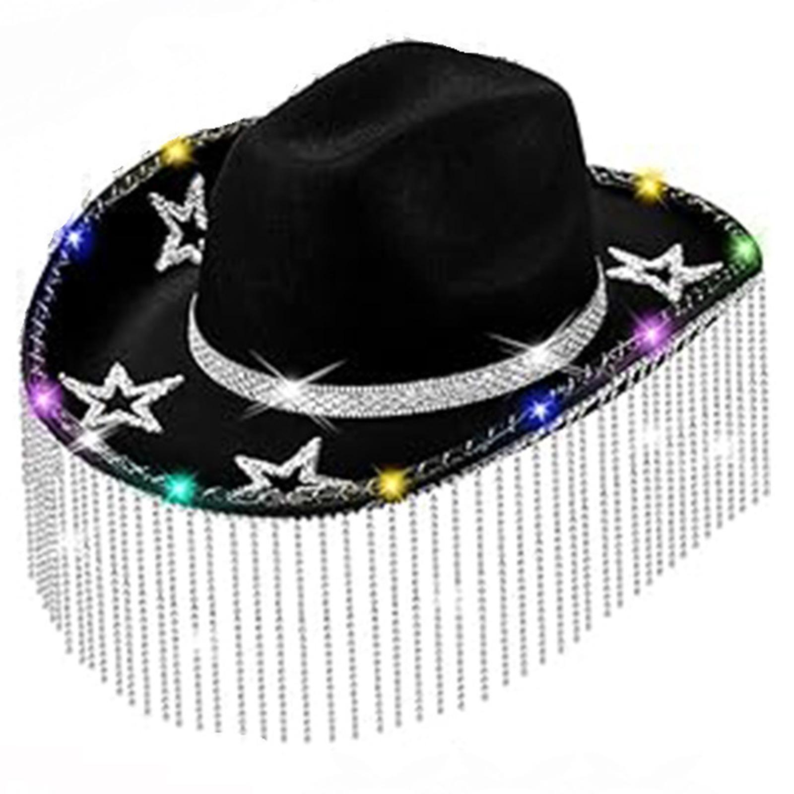 

Sparkly Glowing Cowboy Hat Crystal Tassels Panama Hat for Bachelorette Party Cowgirl Hat Versatile for Club Photo Props чёрный