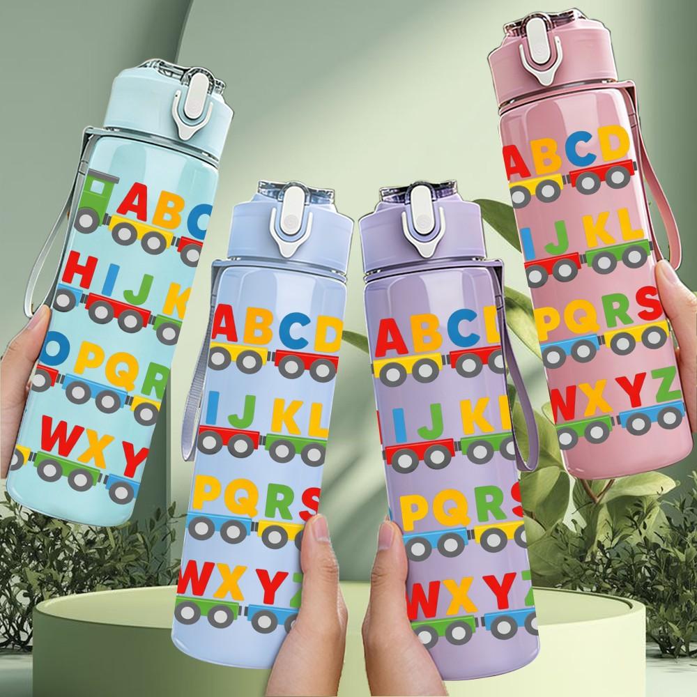 1PC Colorful Alphabet Letter Art Print 750ml Color Plastic Sports Water Bottle Leakproof Flip Straw Lid Suitable for Sports Office Home Use