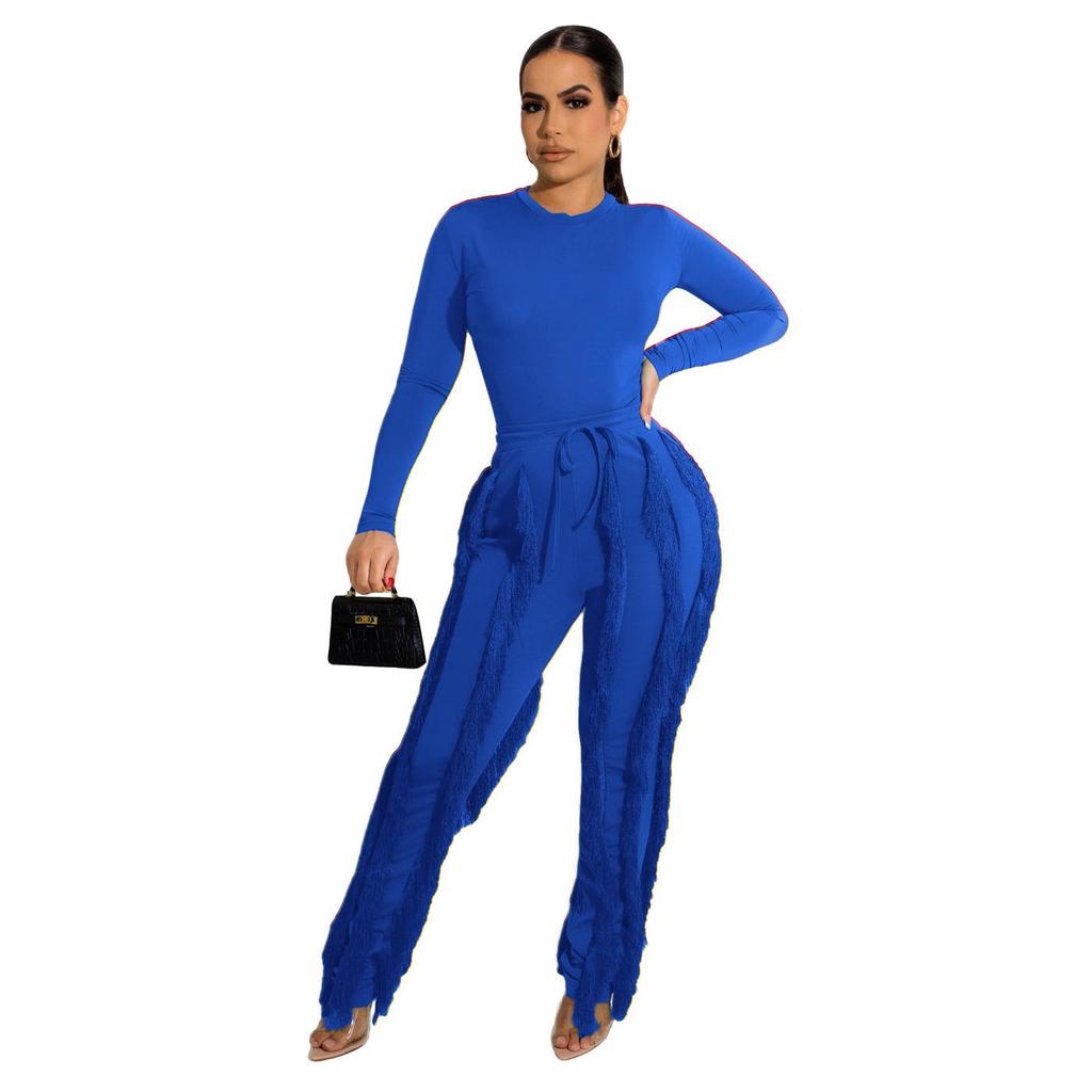 European and American Women's Tassel Lace Jumpsuit Set - Solid Color Sportswear, Autumn/Winter