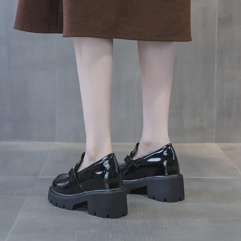 Women's British-Style Height-Enhancing Leather Loafers, Black, 2022 Autumn, Genuine Leather, 10cm Thick Sole