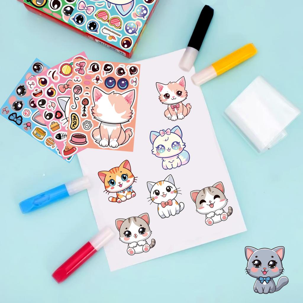 16/24PCS Cute Cat Face Changing Stationery Notebook Reward Stickers DIY Puzzle Make a Face Cartoon Stickers