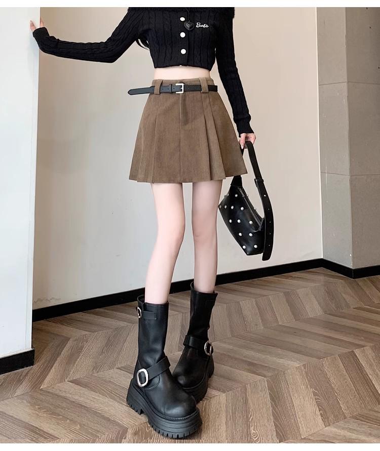 Women's High Waist Khaki Corduroy A-Line Midi Skirt - Autumn/Winter 2024 Collection