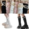 Women Fairycore Knitted Leg Warmers Calf Socks Japanese Sweet Bowknot Ruffled Lace Trim Leg Covers Boot Cuffs Stockings