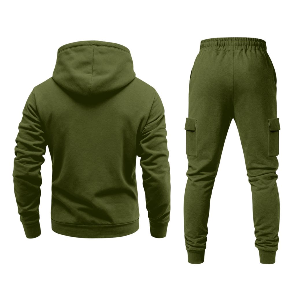 Men's Casual Outdoor Sports Two-Piece Set - Color Sweatshirt and Elastic Waist Cargo Jogger Pants