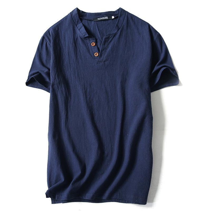 Herren Beiges Leinenmischung Henley-Kragen Kurzarm T-Shirt