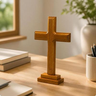 Wooden Cross with Base Engravable Standing Minimalist for Altar