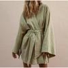 Women's Lace Up Mini Dress Spring Long Sleeve V-neck Cotton Linen Sashes Dresses Casual Loose Kimono Cardigan Dress