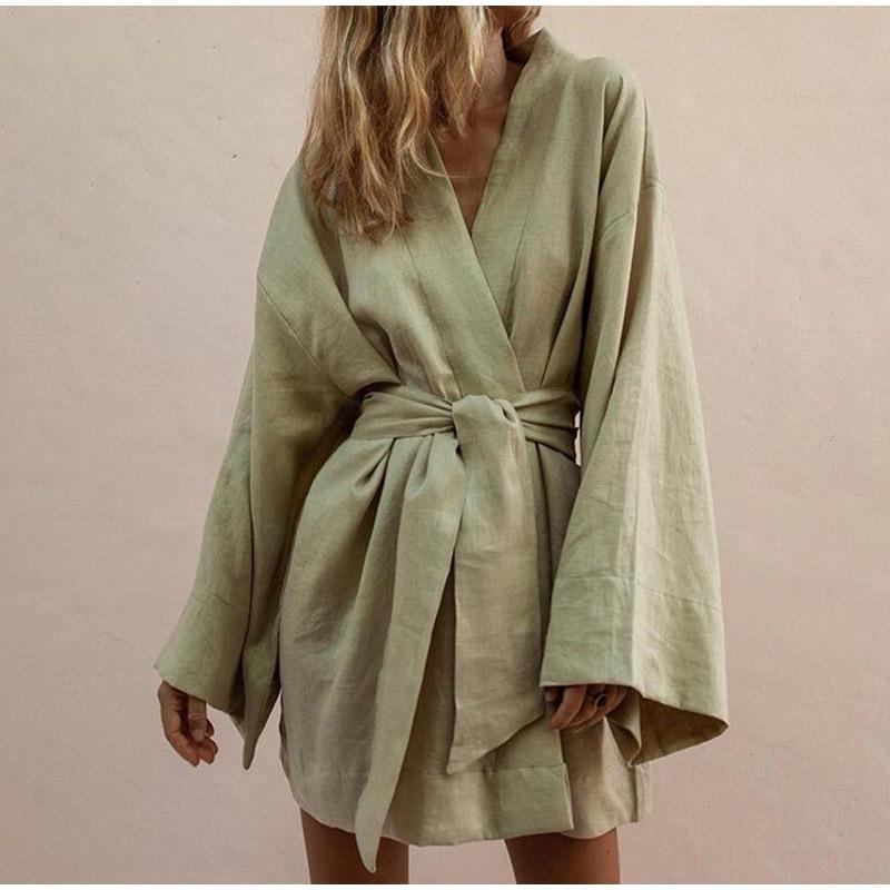 Women's Lace Up Mini Dress Spring Long Sleeve V-neck Cotton Linen Sashes Dresses Casual Loose Kimono Cardigan Dress