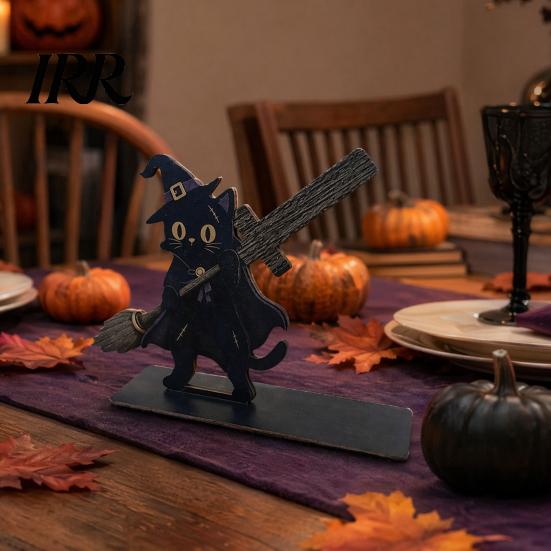 Festive Table Decor Halloween Sign, Spooky Ghost Grim Reaper Black Cat Pumpkin Scarecrow Realistic Patterns Wooden Tabletop Centerpiece for