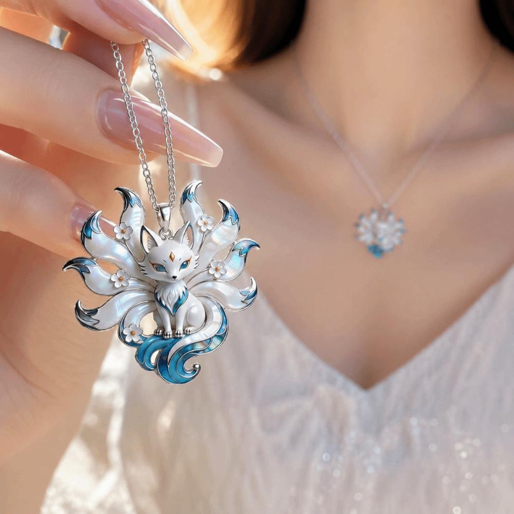 Iridescent Finish Nine-Tailed Fox Necklace Enamel Look Guardian Charm Pendant Daily Wear