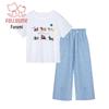 Girls' Summer Cartoon Print Short Sleeve & Plaid Wide-Leg Pants Set