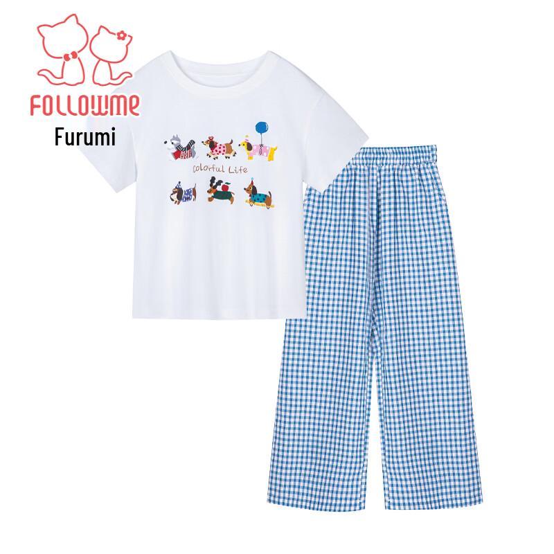 Girls' Summer Cartoon Print Short Sleeve & Plaid Wide-Leg Pants Set