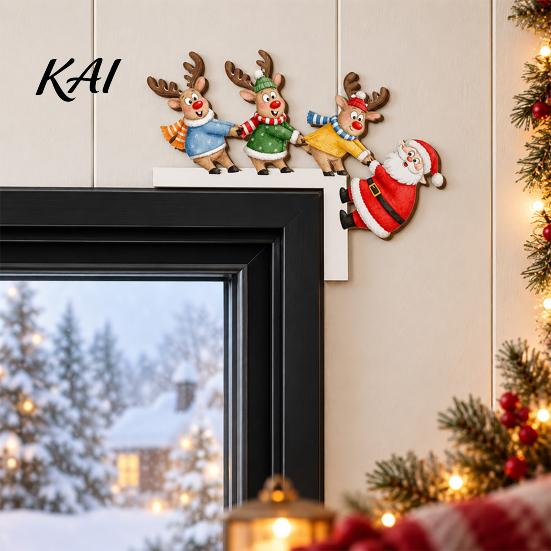 Festive Fireplace Mantel Decor Wooden Christmas Door Corner Decor, Santa Claus Reindeer/Snowman Topper Seasonal Art for Holiday Home Decoration,