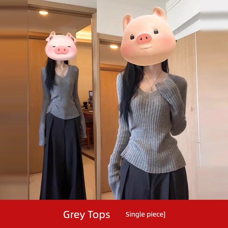 

Best Selling Early Autumn Chic and Beautiful V-neck Sweater Grey S(Suggested 37.50 kg-47.50 kg)