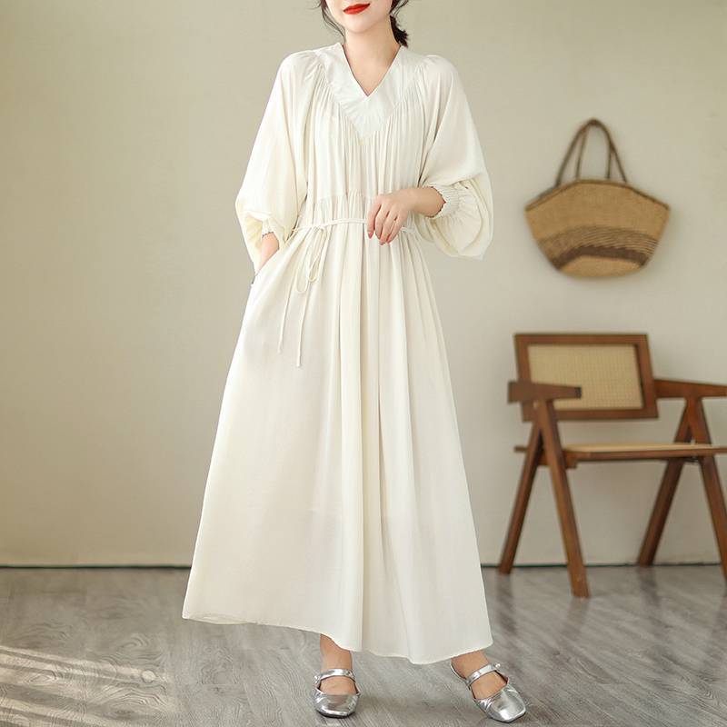 Johnature V-Neck Loose Solid Color Niche Splicing A-Line Dress Woman Spring Fashion Long Sleeves Chinese Style Dress