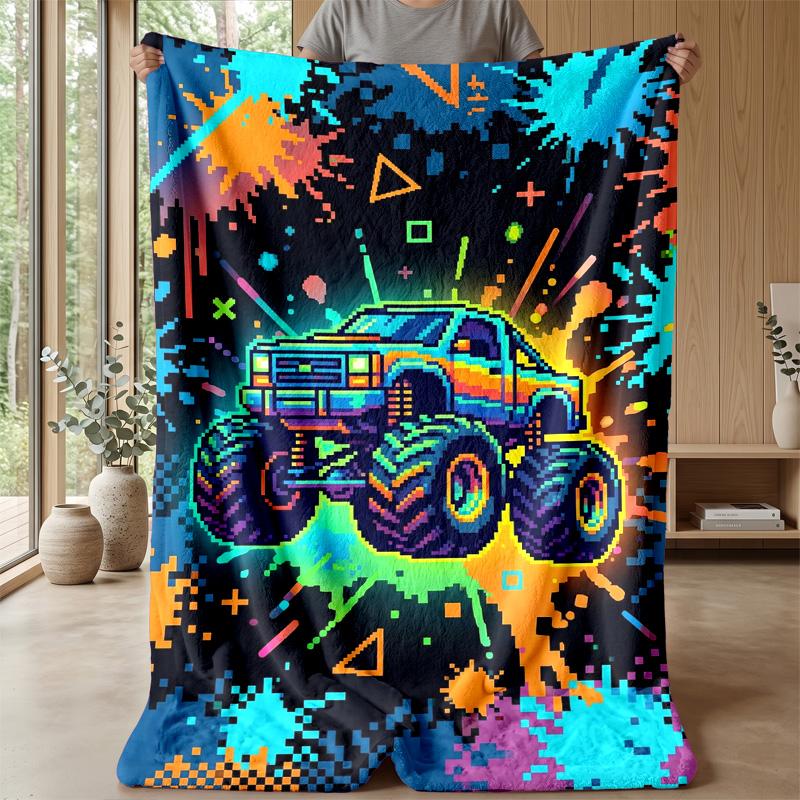 Neon Monster Trucks Theme Blanket Lightweight Warm Flannel Blanket Decorative Throw Blanket for Home Decoration