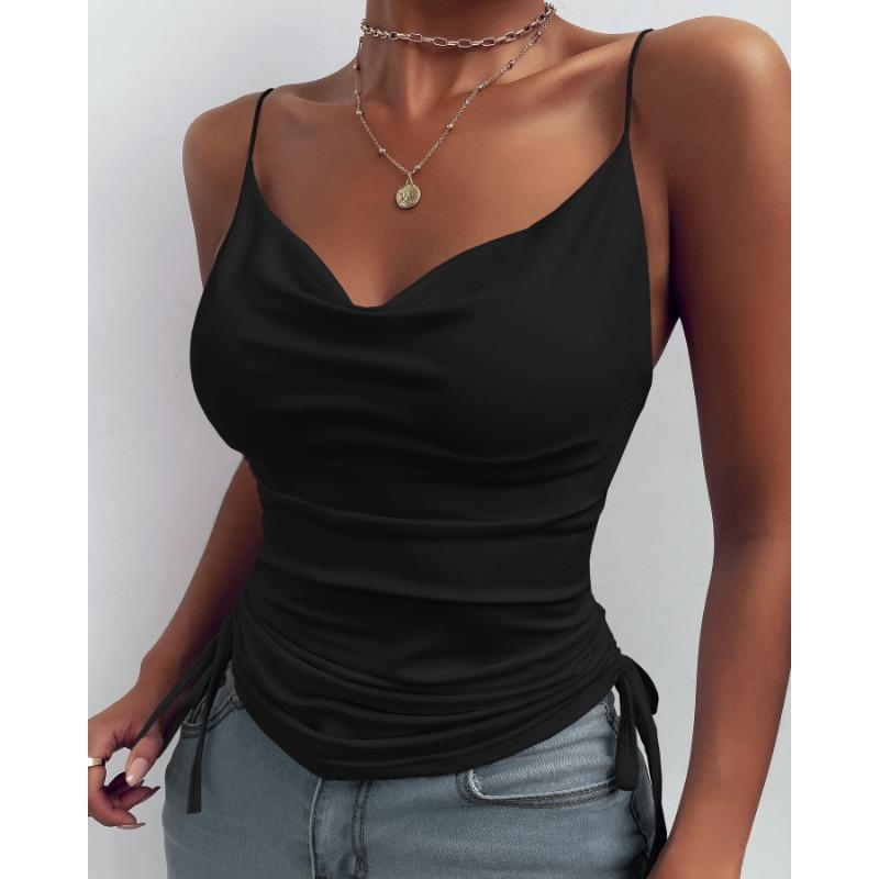 Summer Women Inner Tank Top Solid Color Deep V Neck Casual Tank Top with Thick Drawstring