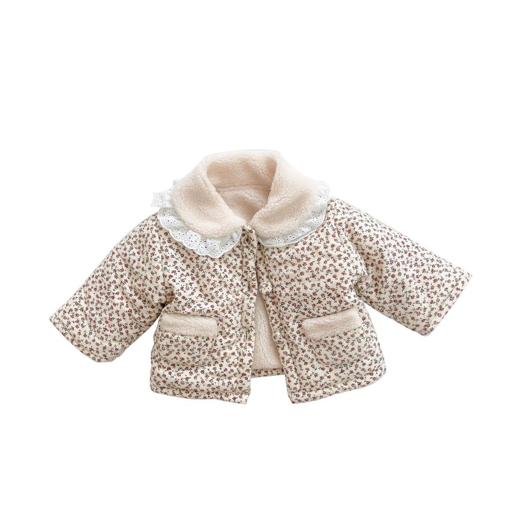 Baby Girls 0-3 Years Korean Floral Quilted Padded Winter Coat with Fleece Lining