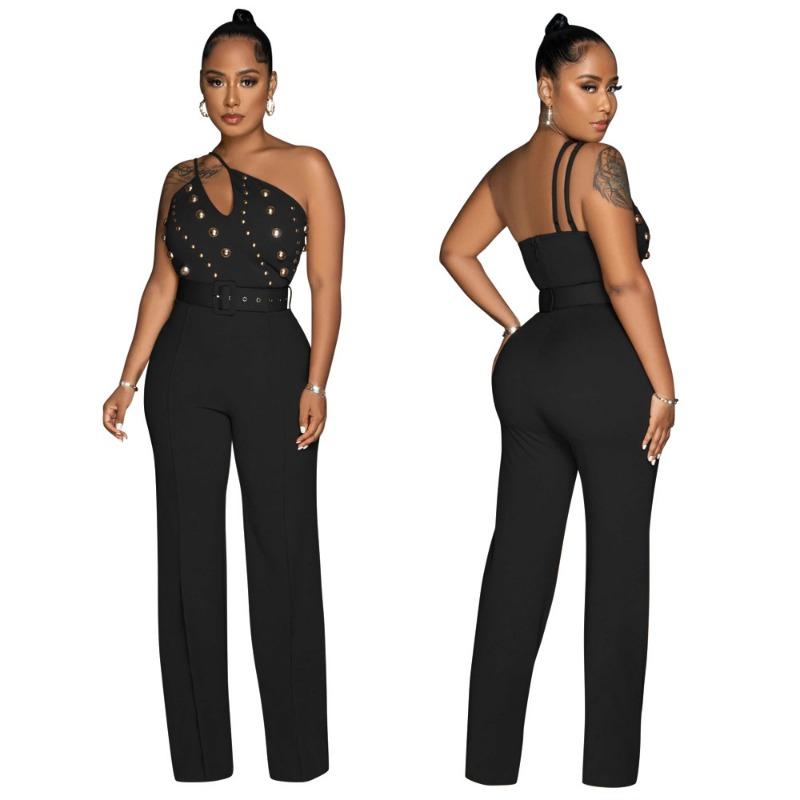 Women's New Fashion Solid Colour Jumpsuit Slim One-shoulder Wide-legged Trousers Models