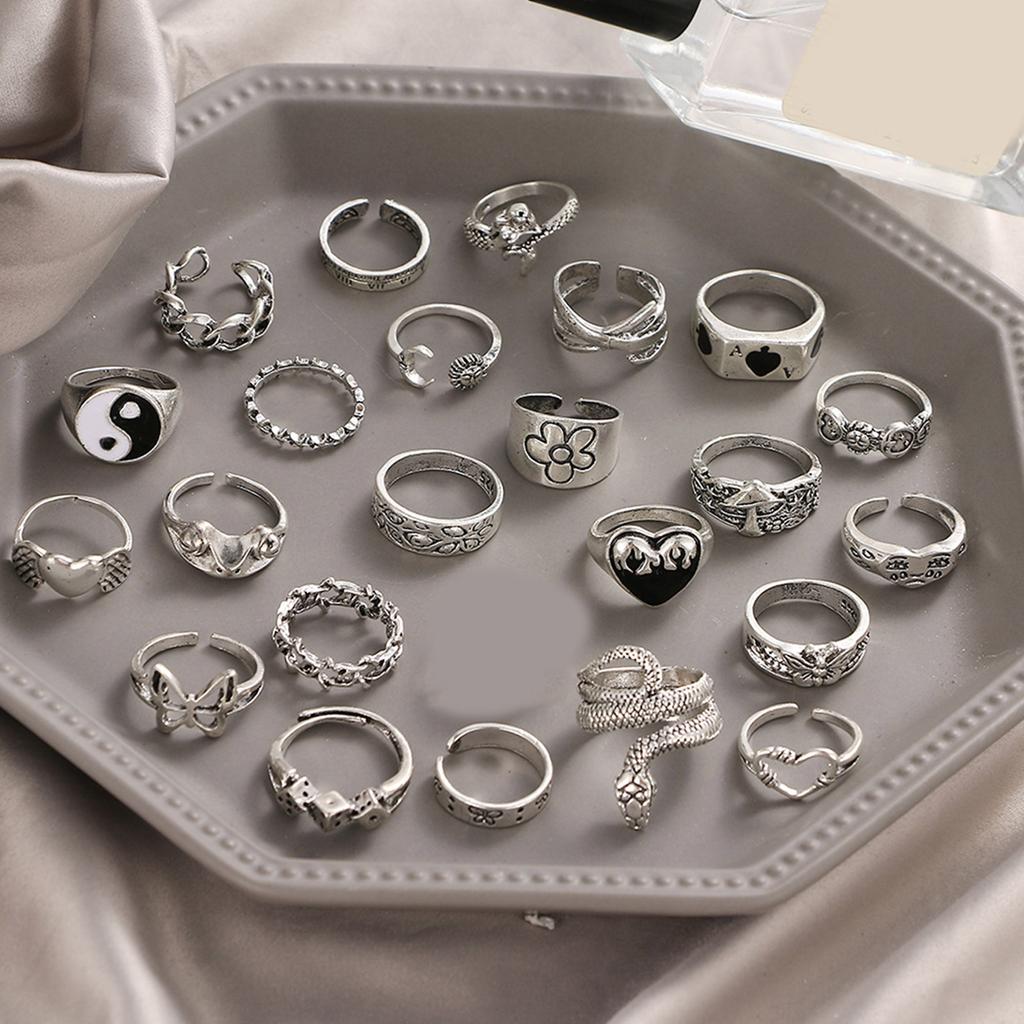Pack of 24 Stylish Silver Gothic Rings for Men and Women Y2K Style Featuring Skull Cross Heart and Butterfly Elements