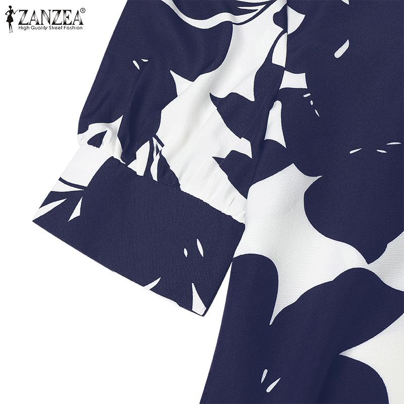 ZANZEA Womens Casual V-Neck Short Sleeve Print Long Dress