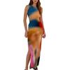 Women's Digital Print Sleeveless Dress With Slit Round Neck And Hip Wrap