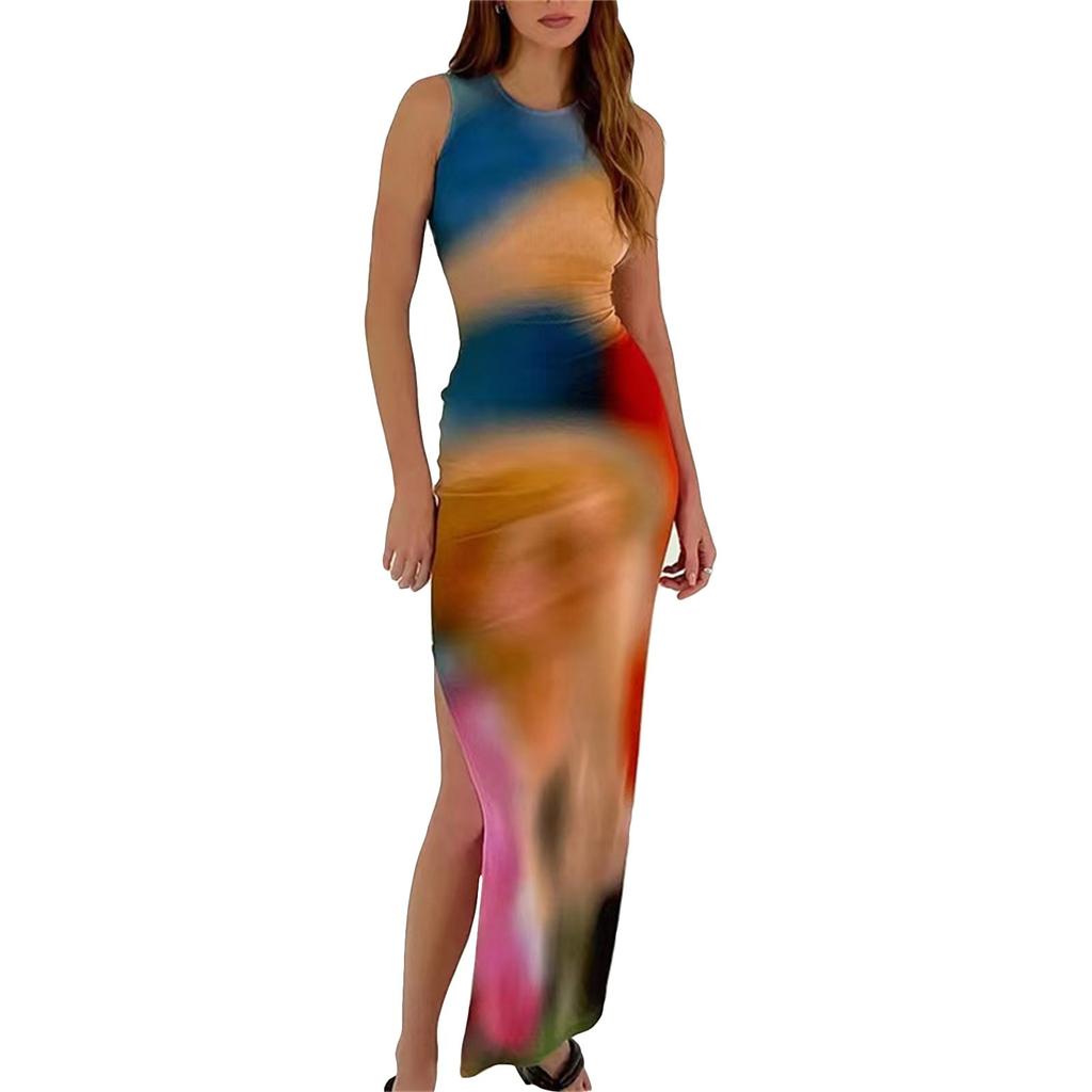 Women's Digital Print Sleeveless Dress With Slit Round Neck And Hip Wrap